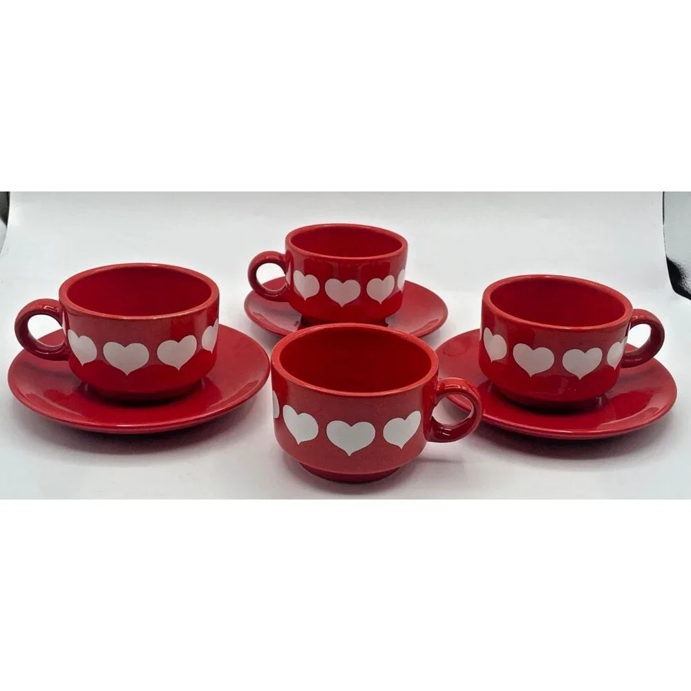Vintage Red Heart Waechtersbach 4 Tea Cups & 3 Saucers Stackable Retired MINT